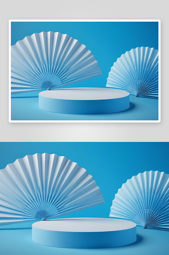 创意纸扇蓝色圆形讲台蓝色背景产品植入图片