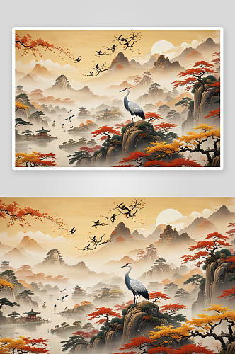 传统文化瑞兽系列仙鹤风景山水画图片