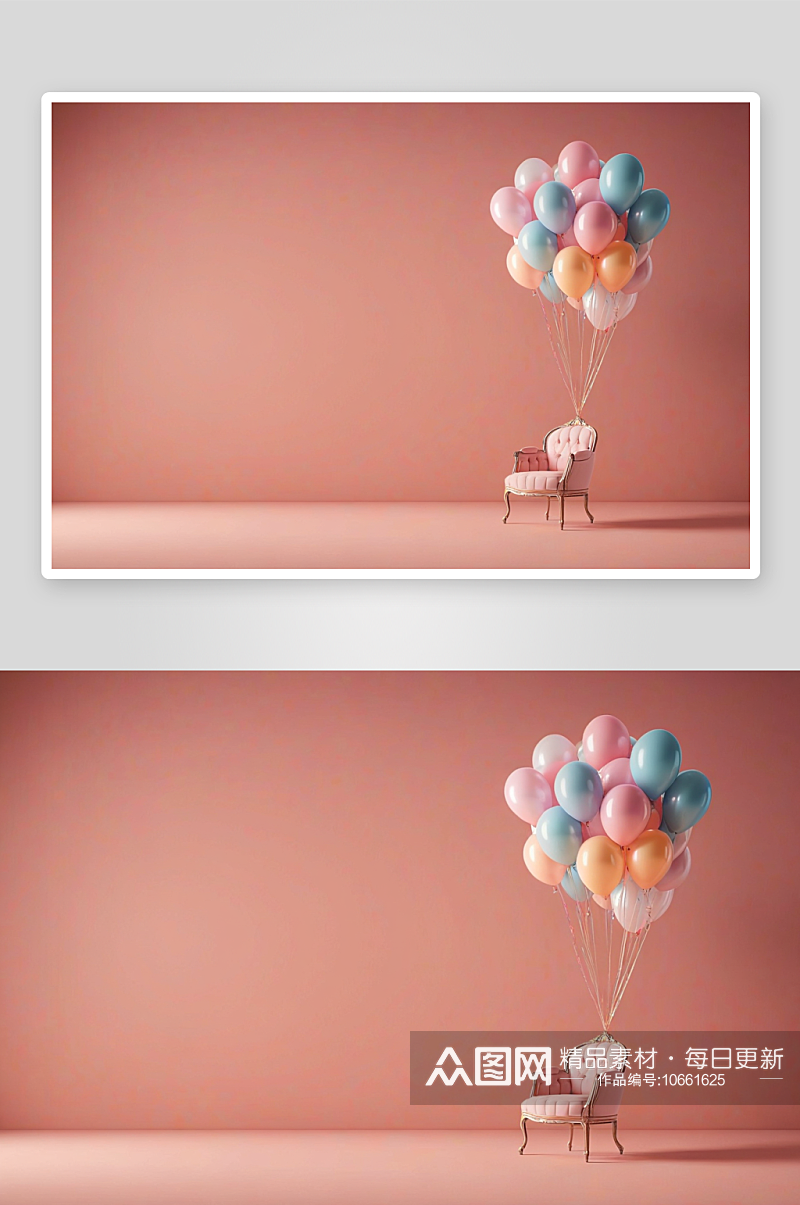 绑气球椅子柔色背景前图片素材