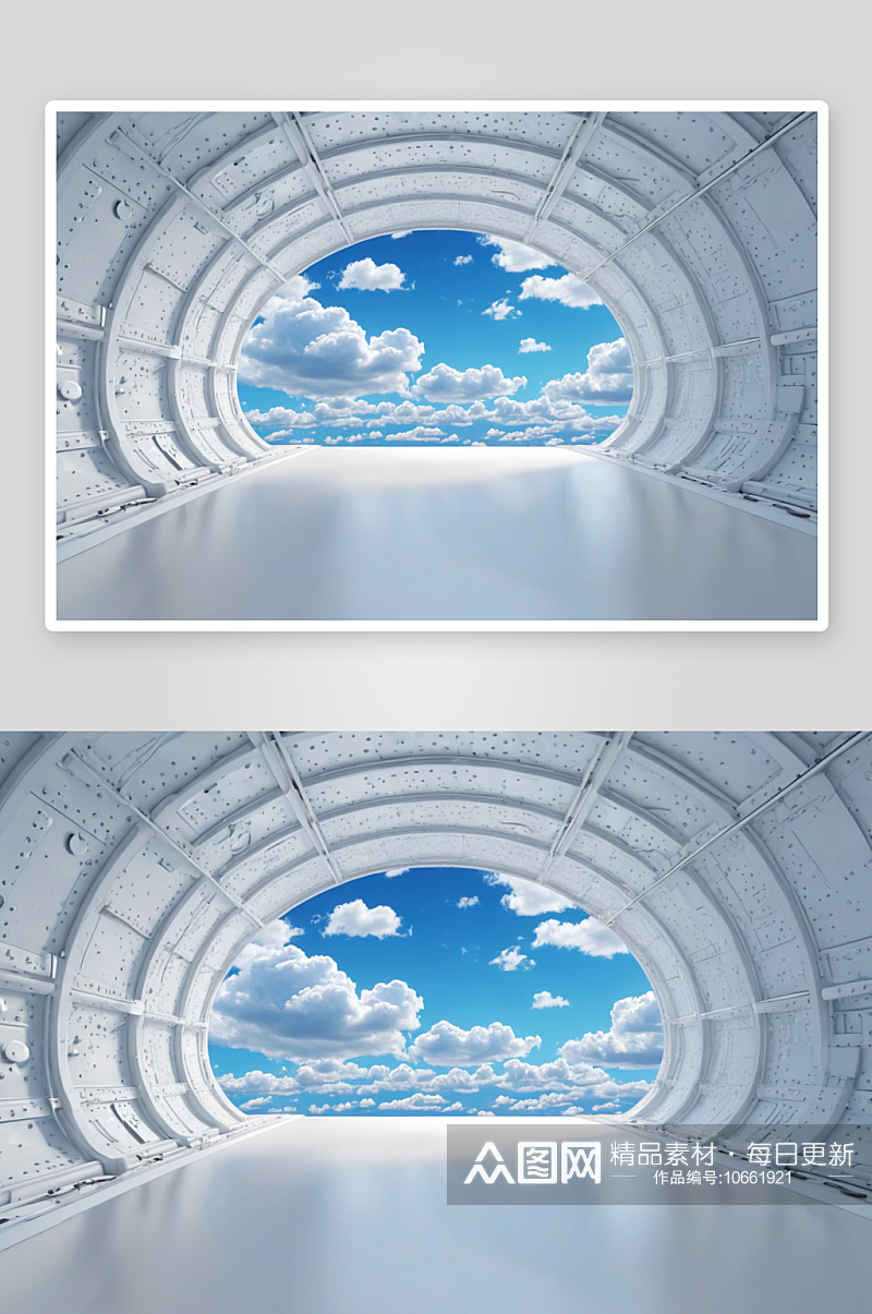 白色科技隧道三维空间背景远眺蓝天白云图片素材