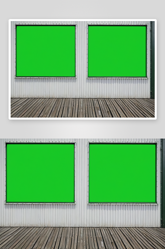 白色波纹铁墙人行道两个空绿色广告招牌图片