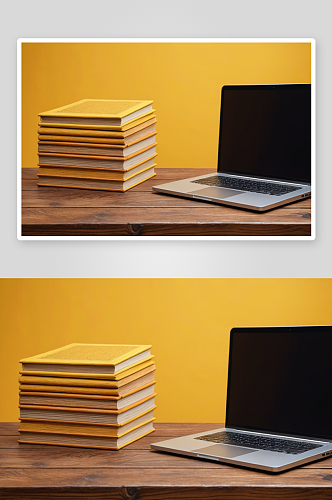 黄色背景下木桌笔记本电脑书籍排成一排图片