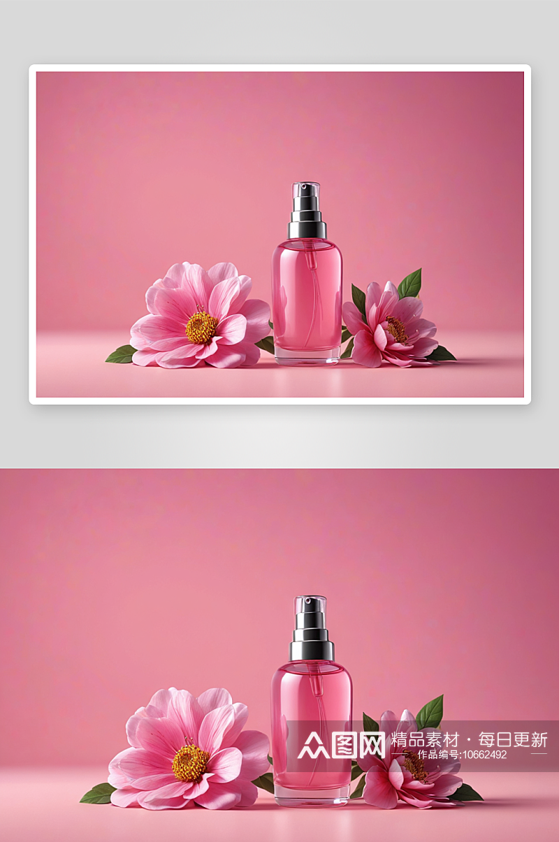 化妆品瓶子粉红色背景花图片素材