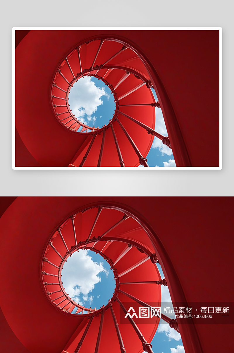 红色螺旋楼梯映衬着天空图片素材