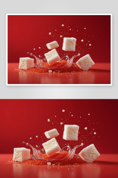 红色背景货味食品酥糖跳动高速棚拍图片