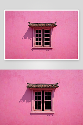 横坑村粉红色墙旧窗户极简主义风格图片