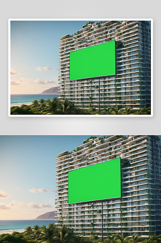 海滩前公寓绿幕色度键营销广告广告牌图片