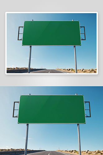 公路前空白绿色路标模型背景图片