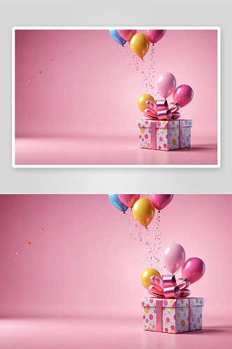 粉色光斑背景前气球礼物盒图片