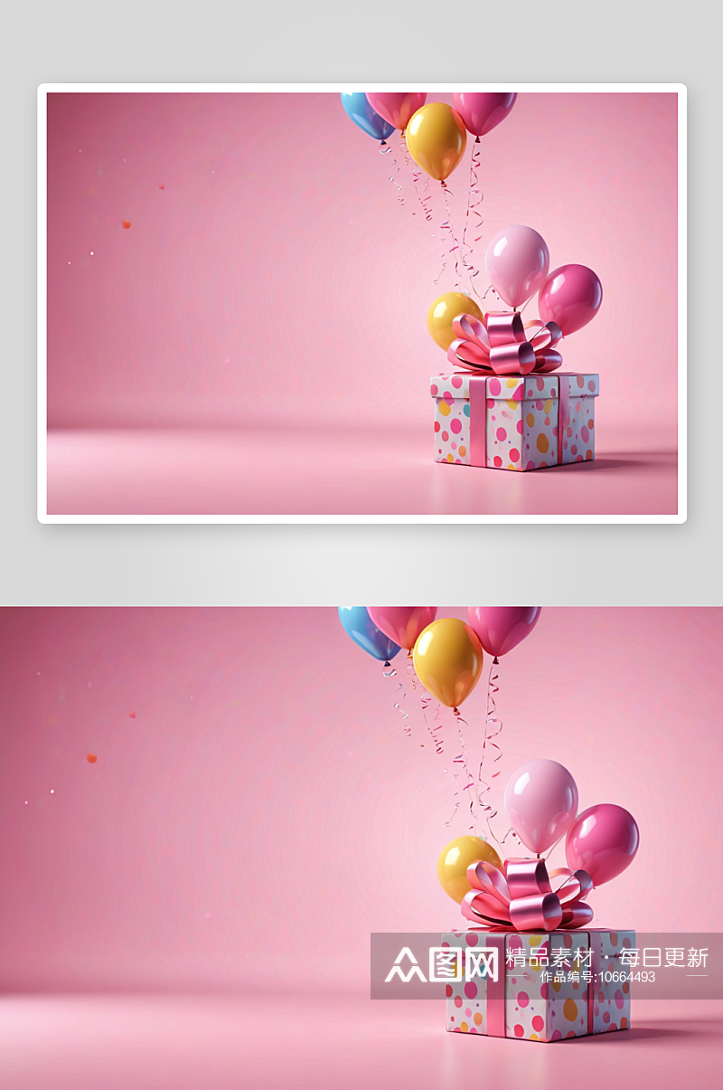 粉色光斑背景前气球礼物盒图片素材
