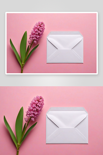 粉红色风信子花空白纸卡信封粉红色背景图片