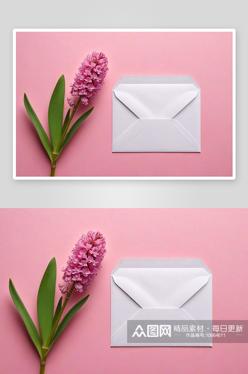 粉红色风信子花空白纸卡信封粉红色背景图片素材