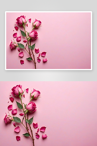 粉红色背景干枯玫瑰花瓣放置标签图片