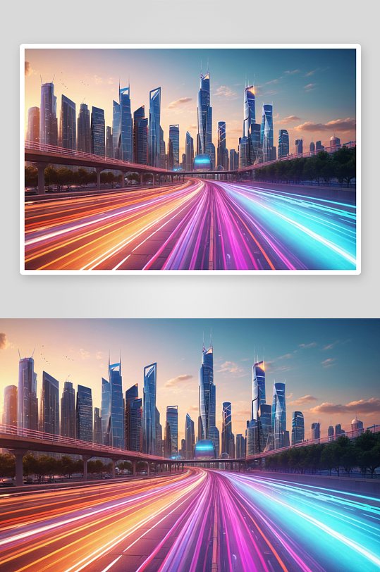 多彩灯光小径连接未来天际线城图片