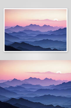 一幅描绘黎明时分群山剪影风景画图片