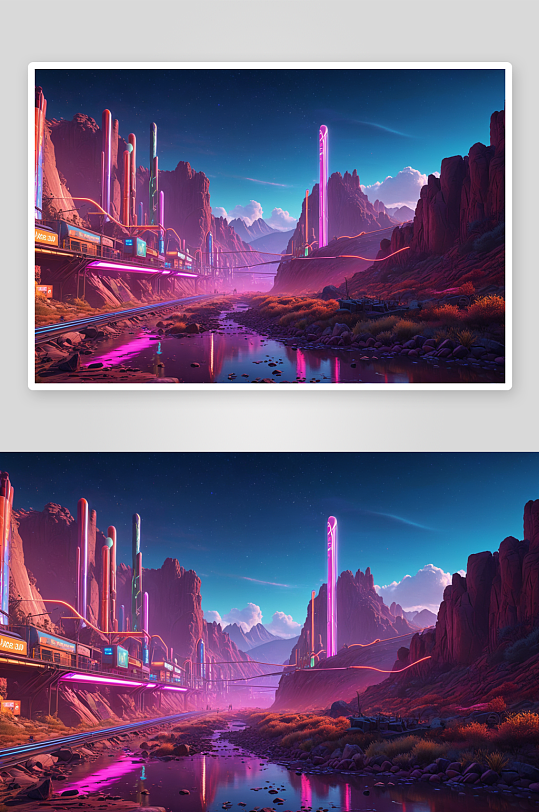 渲染山谷中霓虹灯管概念艺术场景图片