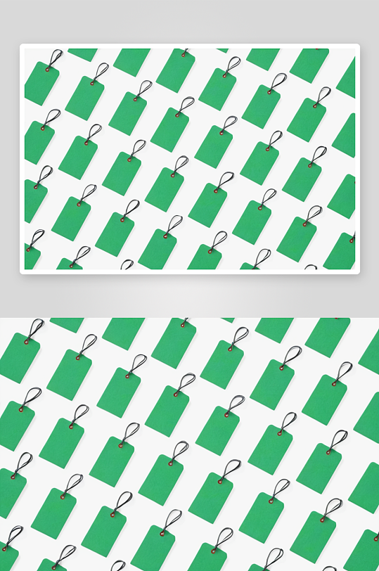 许多绿纸价格标签绳隔离白色图片