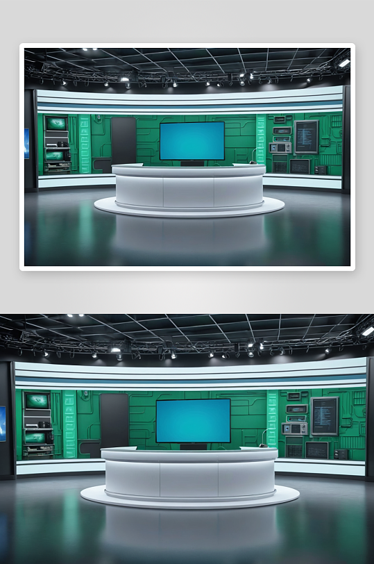 虚拟电视演播室绿屏背景三维渲染图片