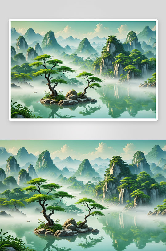 新中式绿色山水画图片