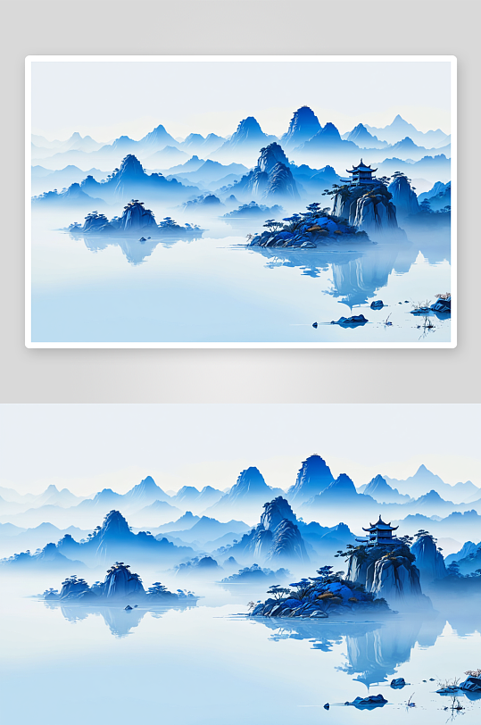 新中式蓝色意境山水画图片