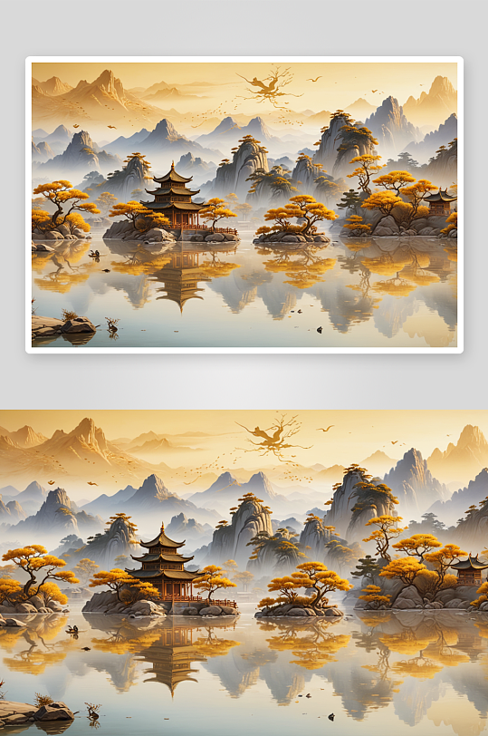 新中式金色山水画图片