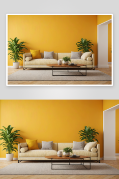 现代客厅室内沙发盆栽植物黄色墙壁图片