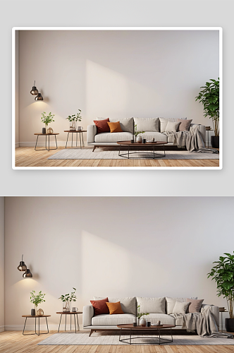 现代客厅室内空墙沙发室内植物咖啡桌图片