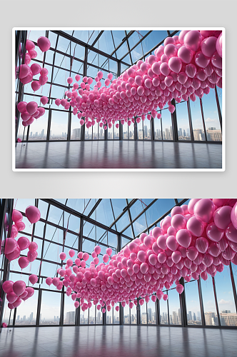 现代建筑中一大群粉红色气球漂浮窗户图片