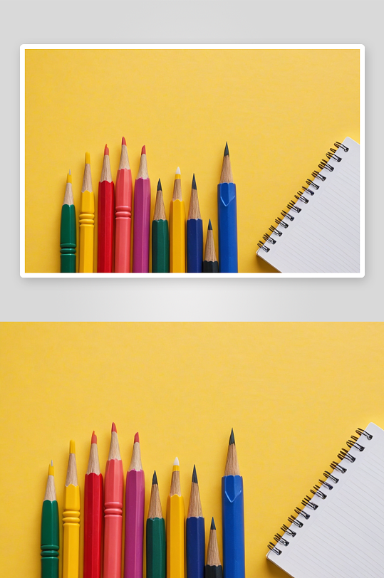 毛笔黄色背景白色螺旋笔记本回学校概念图片