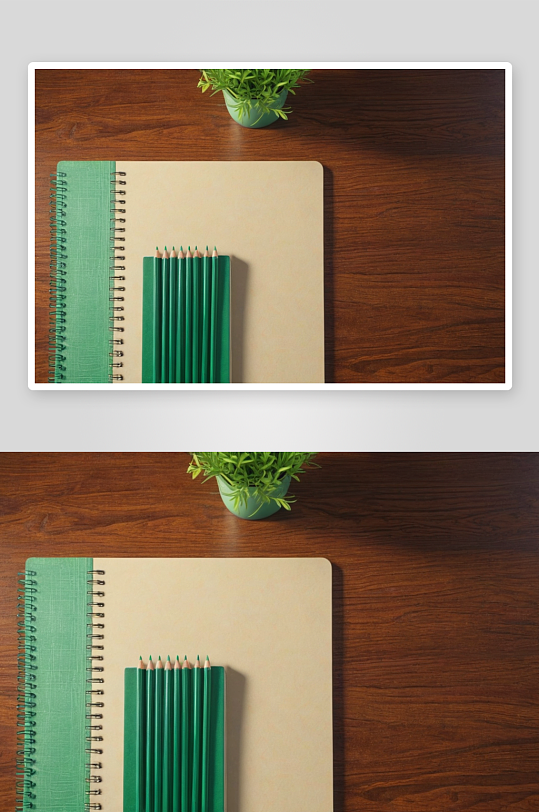 桌有绿色笔记本彩色铅笔图片