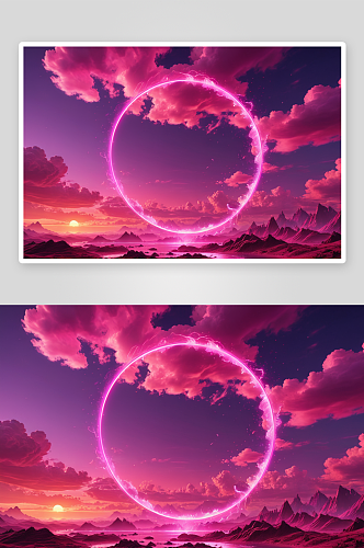 未来主义霓虹圆圈燃烧天空惊人粉红色图片