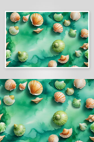 水彩绿色背景画海贝壳图片