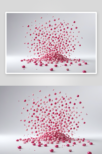 粉色系各类糖果掉落白色背景棚拍创意图图片