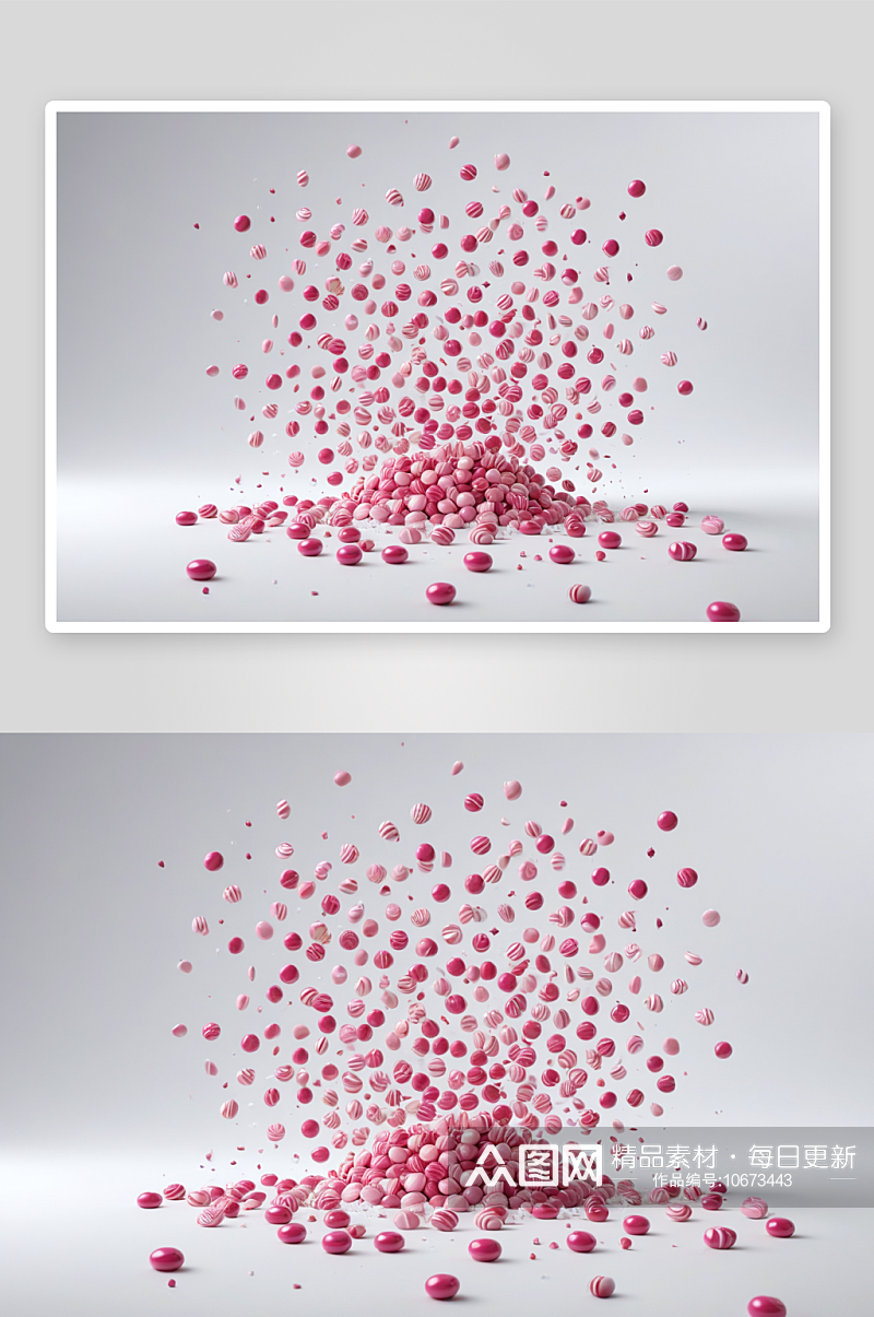 粉色系各类糖果掉落白色背景棚拍创意图图片素材
