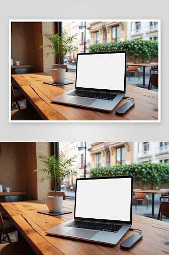 笔记本电脑空白屏幕桌子咖啡馆背景图片