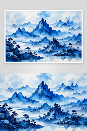意境抽象蓝色水墨山水画背景图片