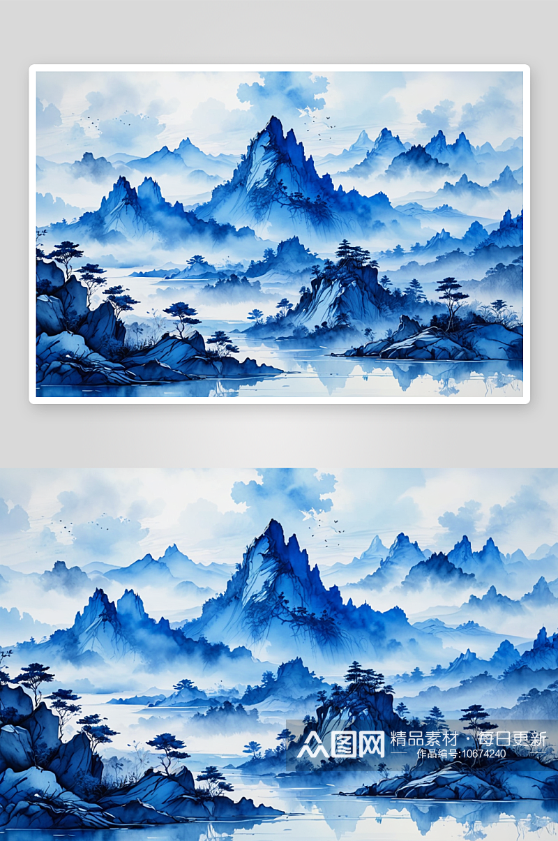 意境抽象蓝色水墨山水画背景图片素材