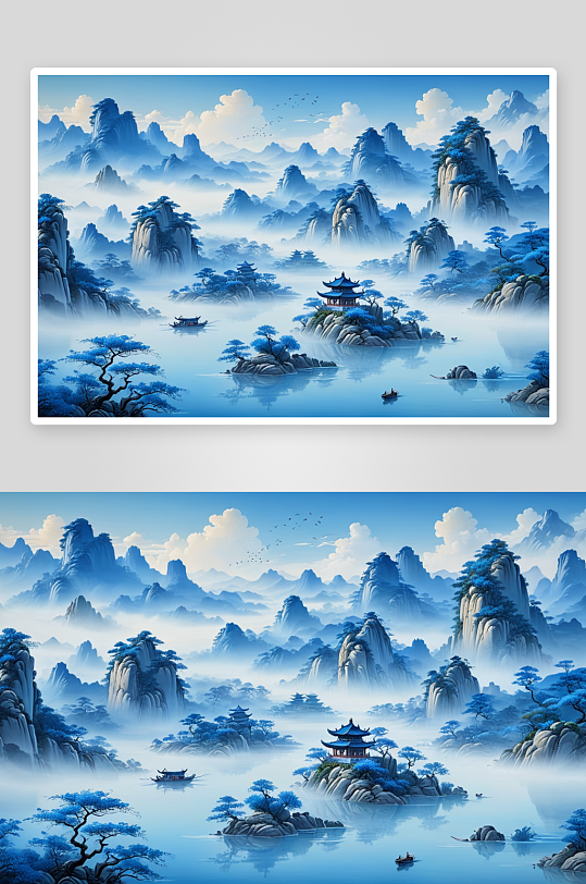 手绘蓝色意境淡雅中式山水画图片