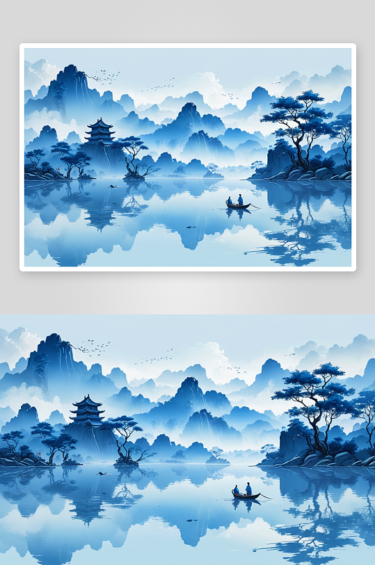 手绘风意境蓝色山水画新中式背景插画图片
