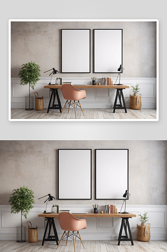 空白海报框架家庭办公室室内背景模板图片