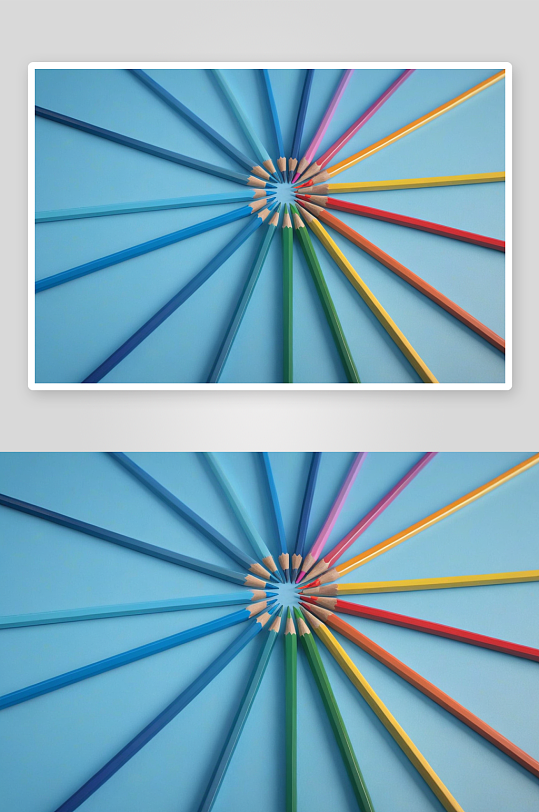 彩色铅笔创意摆拍圆形蓝色背景几何图形图片