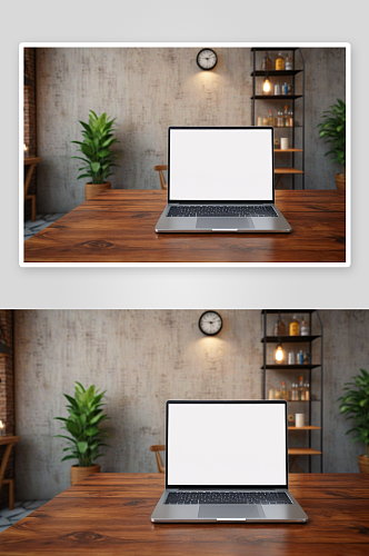 笔记本电脑空白屏幕桌子咖啡馆背景图片