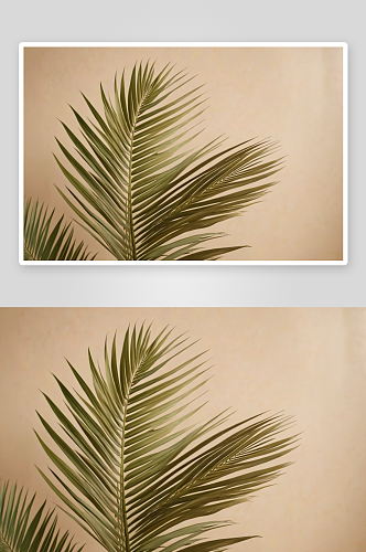 模糊棕榈叶阴影墙粉彩米色背景图片