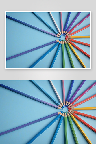 彩色铅笔创意摆拍圆形蓝色背景几何图形图片