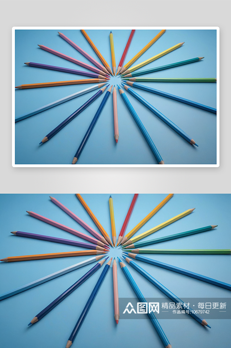 彩色铅笔创意摆拍圆形蓝色背景几何图形图片素材