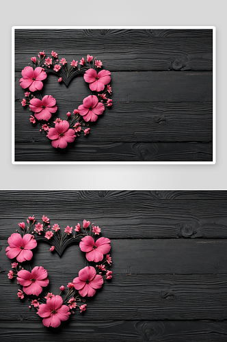 粉红色心型花朵复古黑色木制背景图片