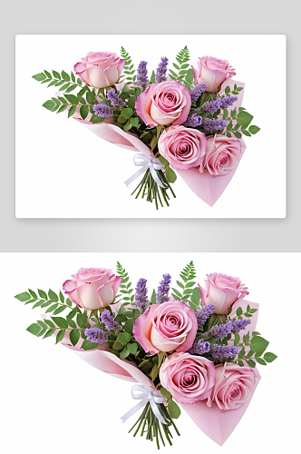 粉红色玫瑰淡紫色花叶子花束孤立白色图片