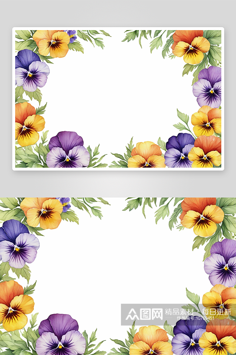 彩色三色堇水彩矩形框架紫色花图片素材