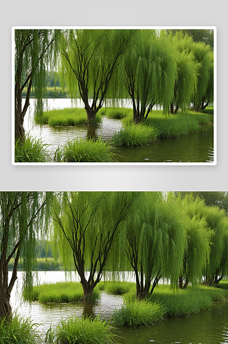 湖边柳树植物元素图片