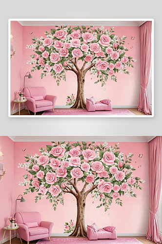 壁画玫瑰墙纸树花珍珠粉色背景儿童房图片